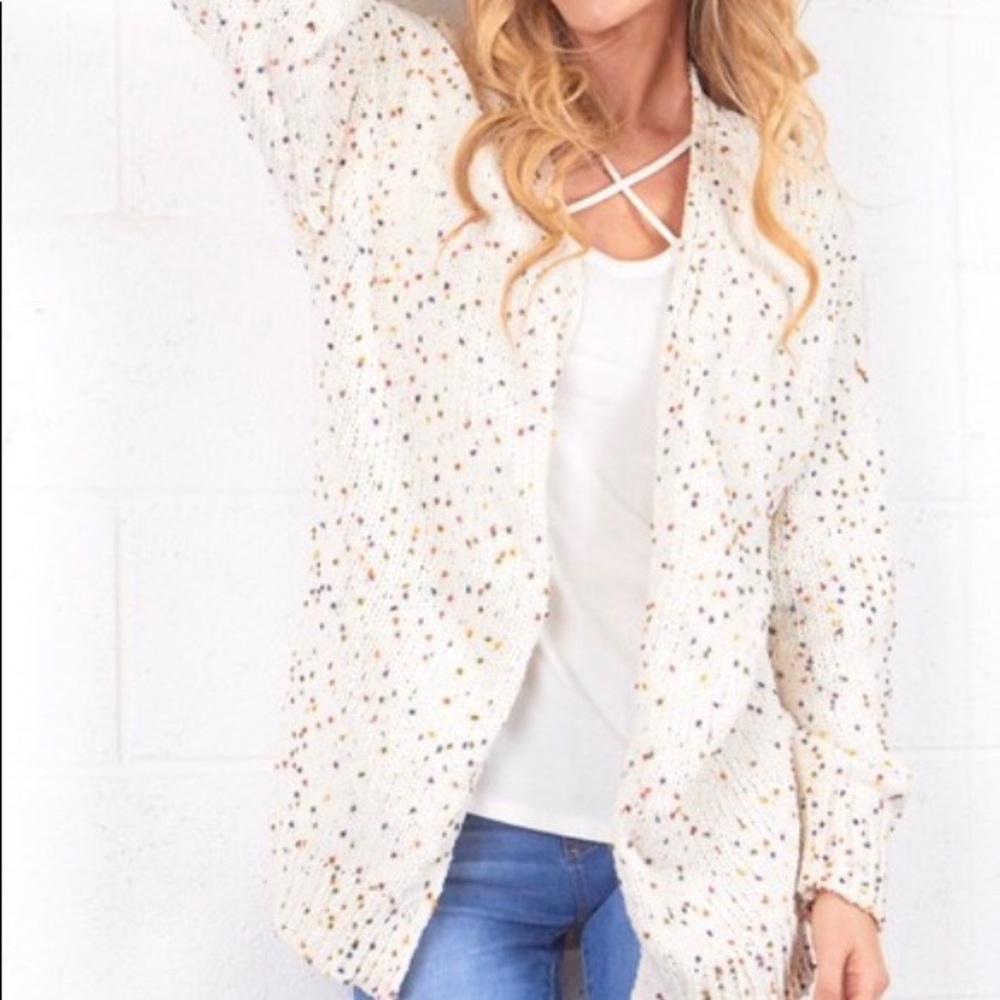 White Confetti Polka Dot Chenille Cardigan Sweater - Picture 2 of 5